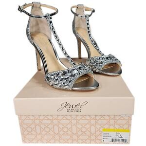 Badgley Mischka Graciela Heel Sz 9 Embellished Jewel T Strap Ankle Sandal Silver